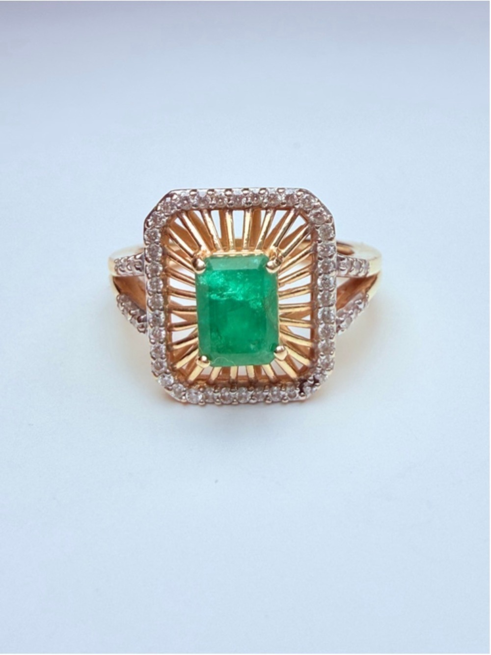 14K Solid Yellow Gold Colombian Emerald & Diamond Art Deco Revival Vintage Ring